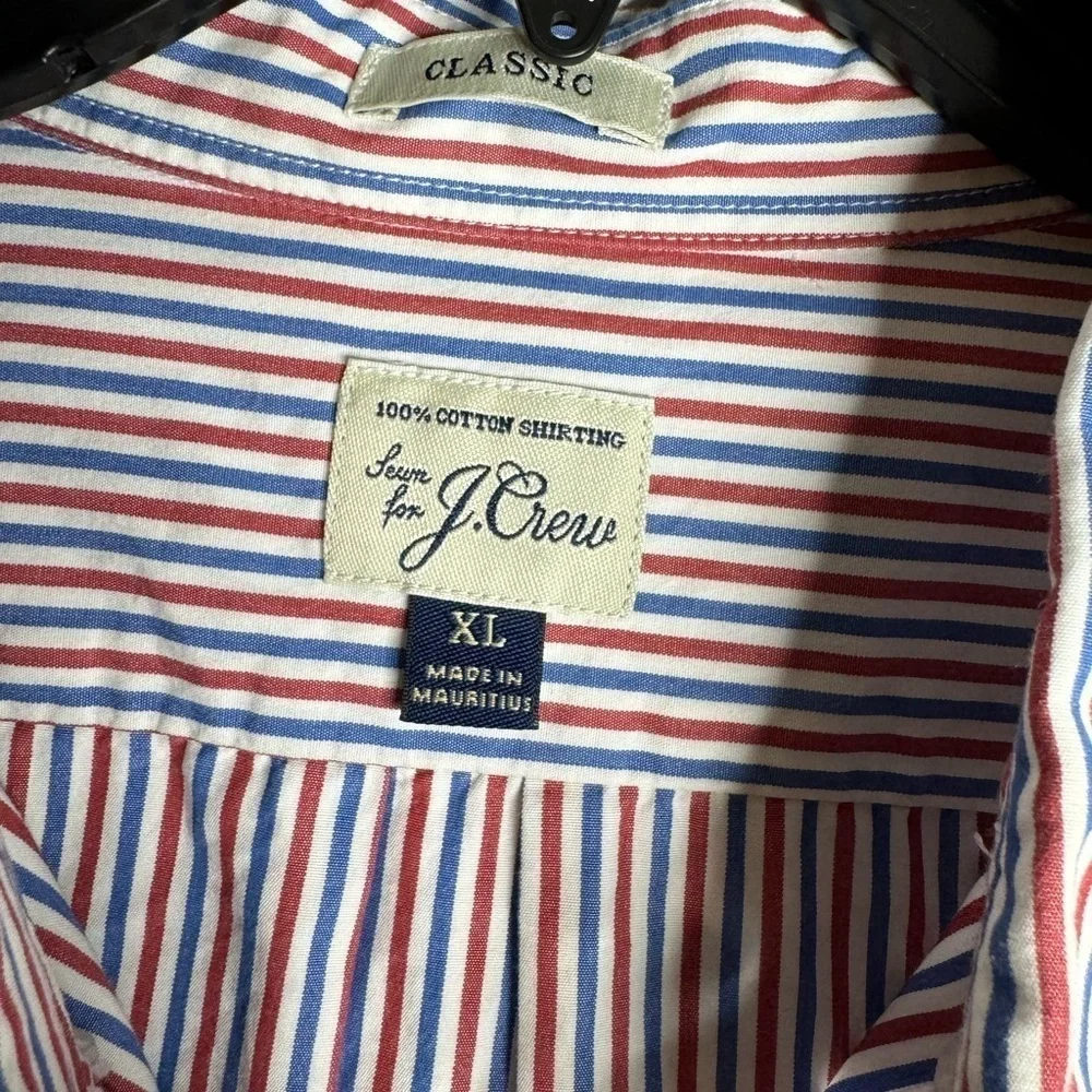 J CREW BLUE WHITE RUST STRIPE STRAIGHT COLLAR COTTON SHIRT SIZE XL